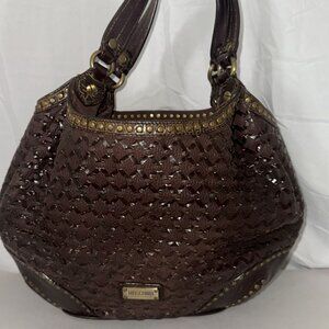 $2400 ❤️MOSCHINO Brown Woven Leather Studded Handbag Purse Handle Bag ITALY
